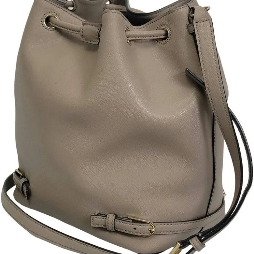 Tory Burch Taupe Leather Drawstring Bucket Shoulder Bag - Picture 4 of 6
